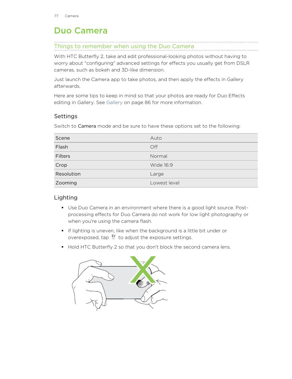 Duo camera, Things to remember when using the duo camera | HTC Butterfly 2 User Manual | Page 77 / 216