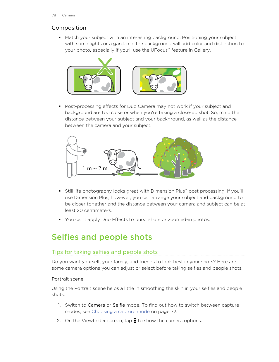 Selfies and people shots, Tips for taking selfies and people shots, Portrait scene | 1 m ~ 2 m | HTC Butterfly 2 User Manual | Page 78 / 216