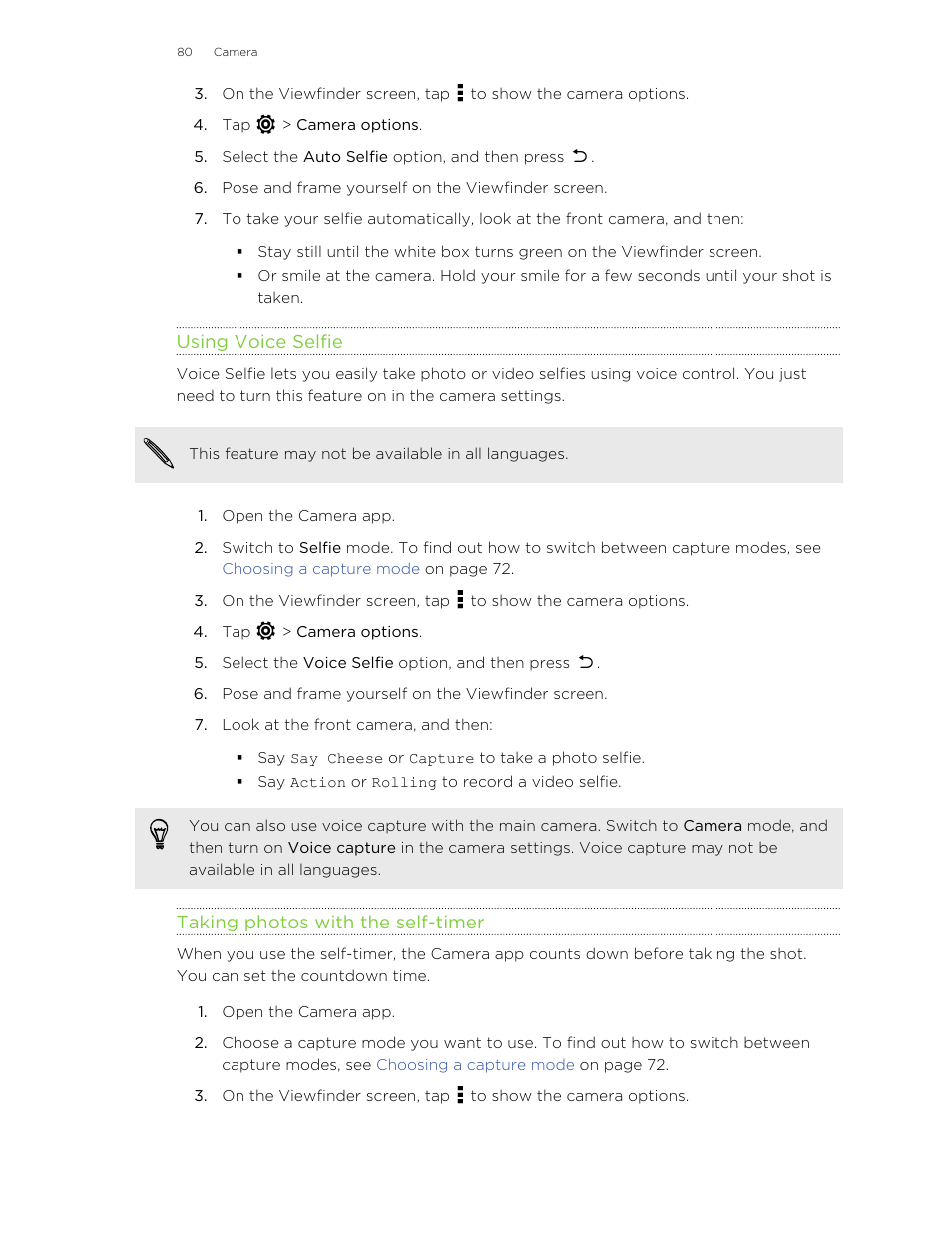 Using voice selfie, Taking photos with the self-timer | HTC Butterfly 2 User Manual | Page 80 / 216