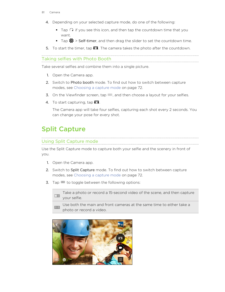 Taking selfies with photo booth, Split capture, Using split capture mode | HTC Butterfly 2 User Manual | Page 81 / 216