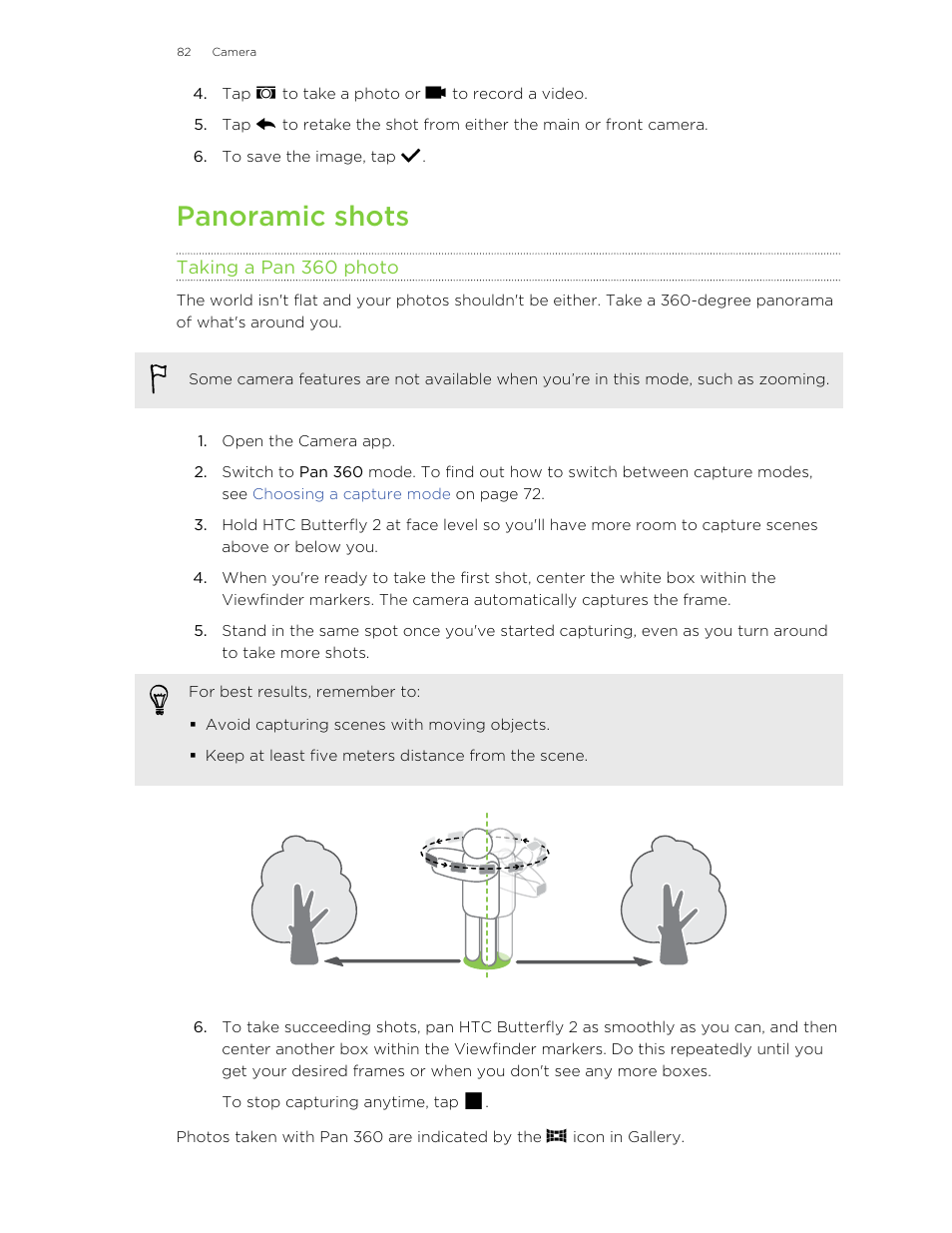 Panoramic shots, Taking a pan 360 photo | HTC Butterfly 2 User Manual | Page 82 / 216