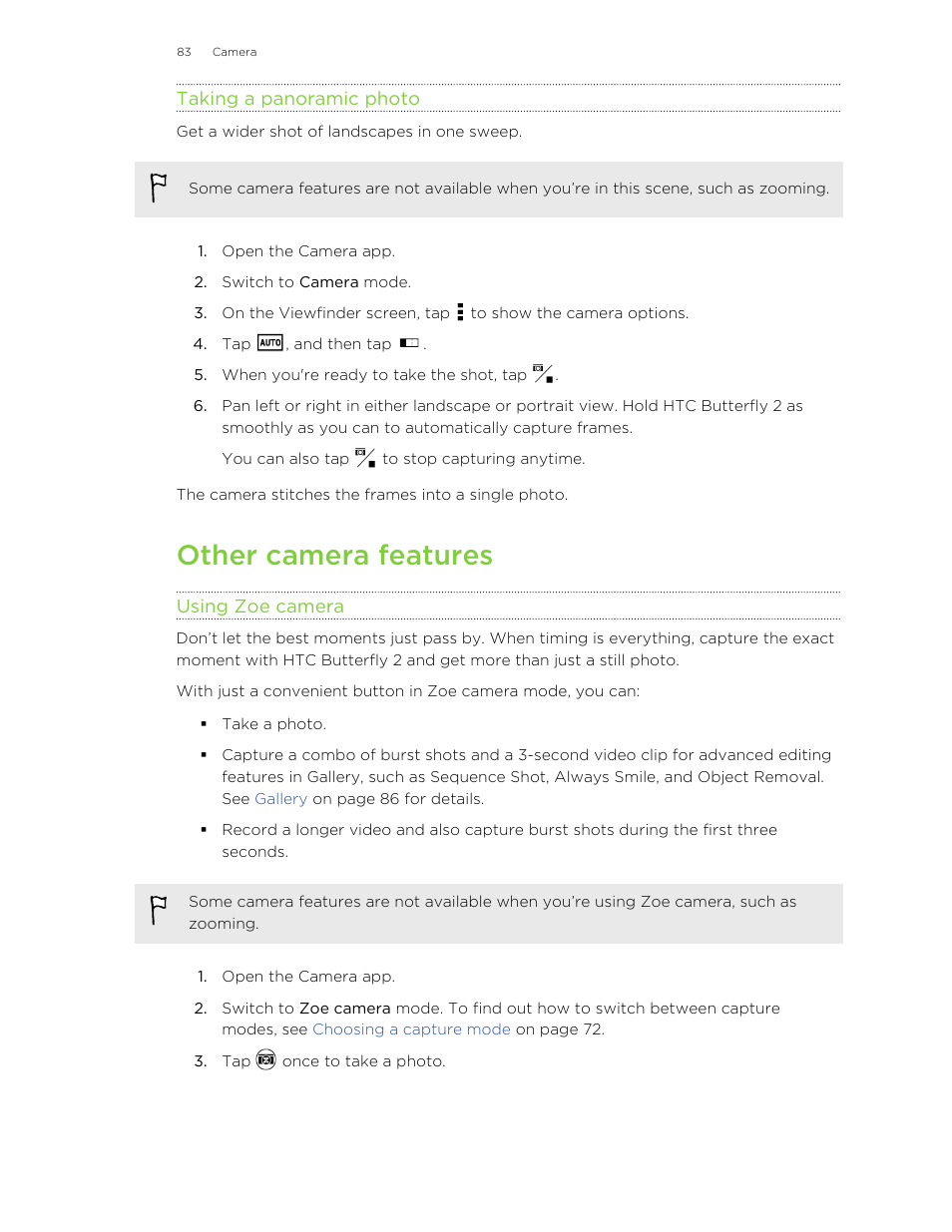 Taking a panoramic photo, Other camera features, Using zoe camera | HTC Butterfly 2 User Manual | Page 83 / 216