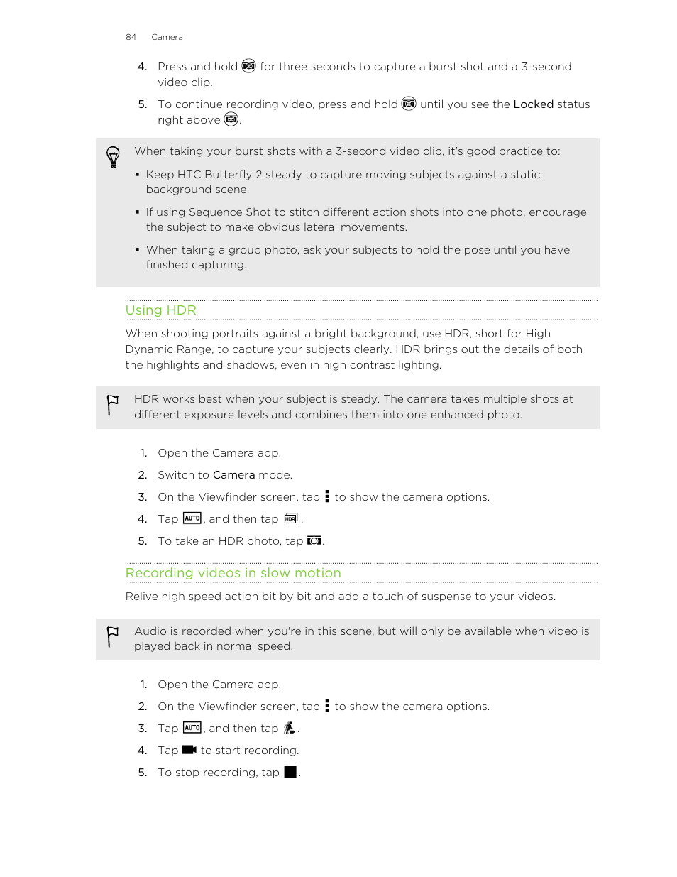 Using hdr, Recording videos in slow motion | HTC Butterfly 2 User Manual | Page 84 / 216