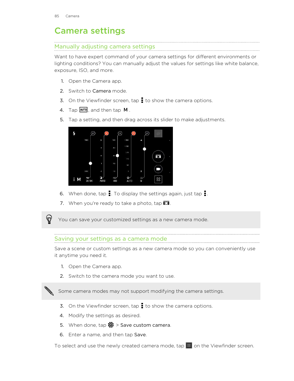 Camera settings, Manually adjusting camera settings, Saving your settings as a camera mode | HTC Butterfly 2 User Manual | Page 85 / 216