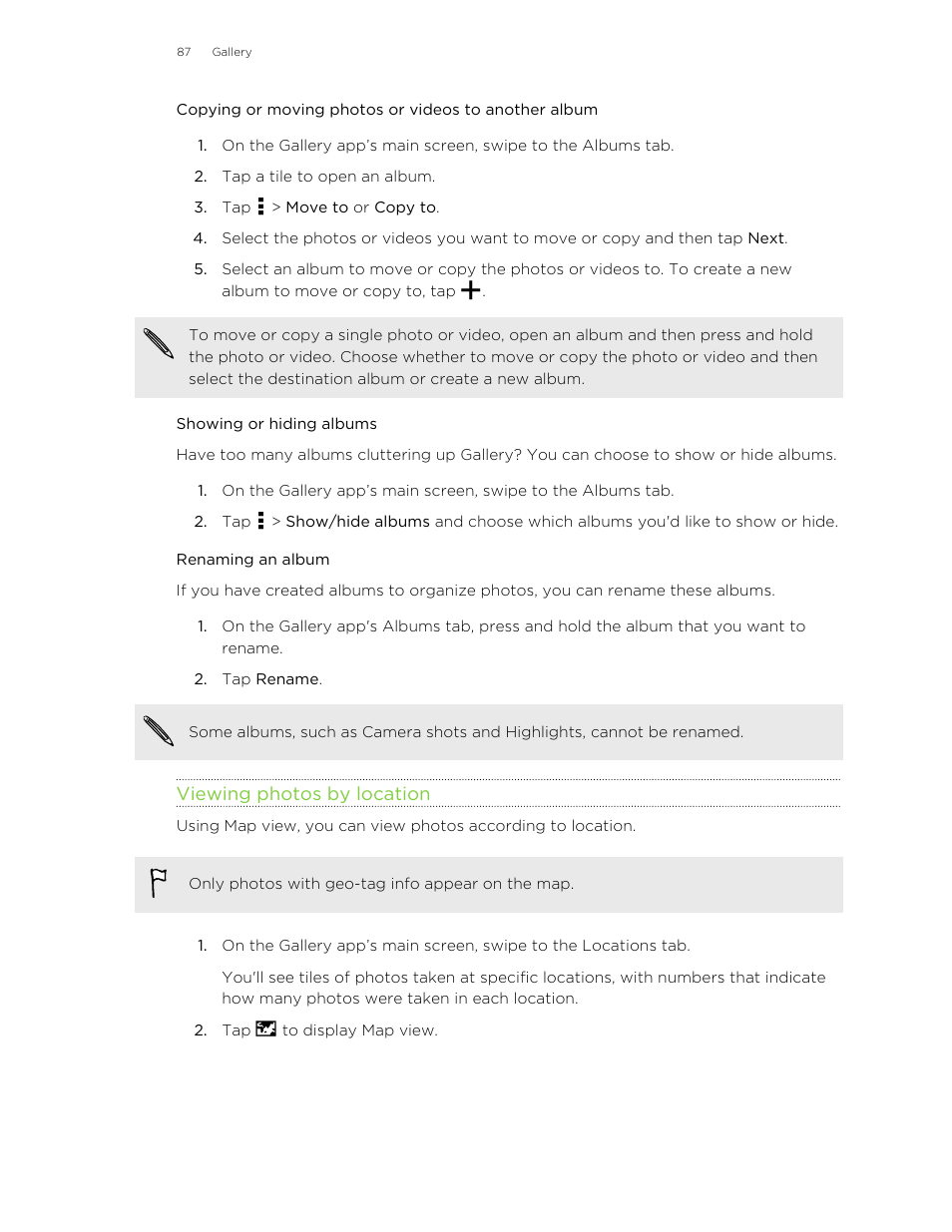 Showing or hiding albums, Renaming an album, Viewing photos by location | HTC Butterfly 2 User Manual | Page 87 / 216