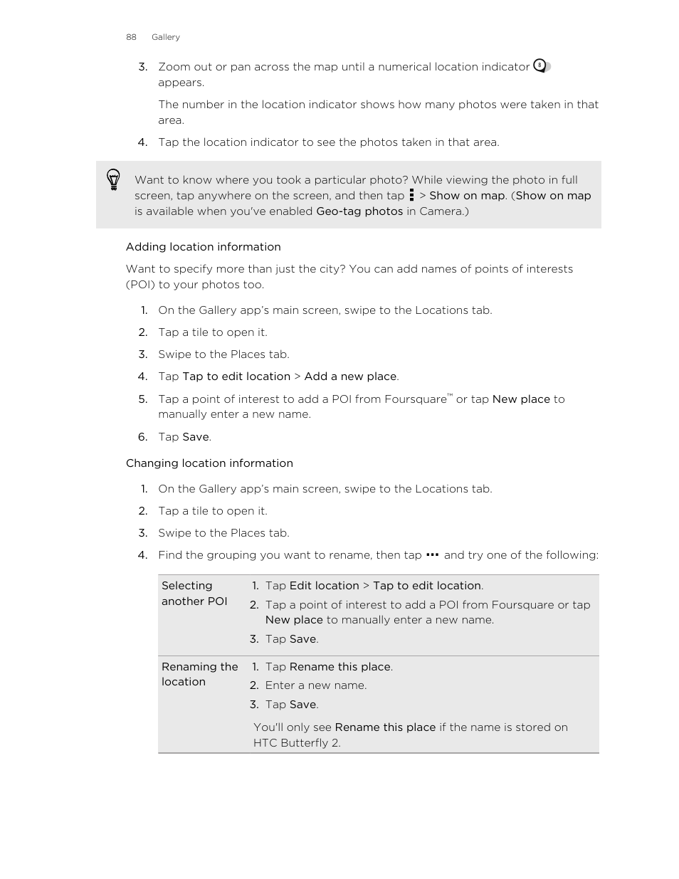 Adding location information, Changing location information | HTC Butterfly 2 User Manual | Page 88 / 216