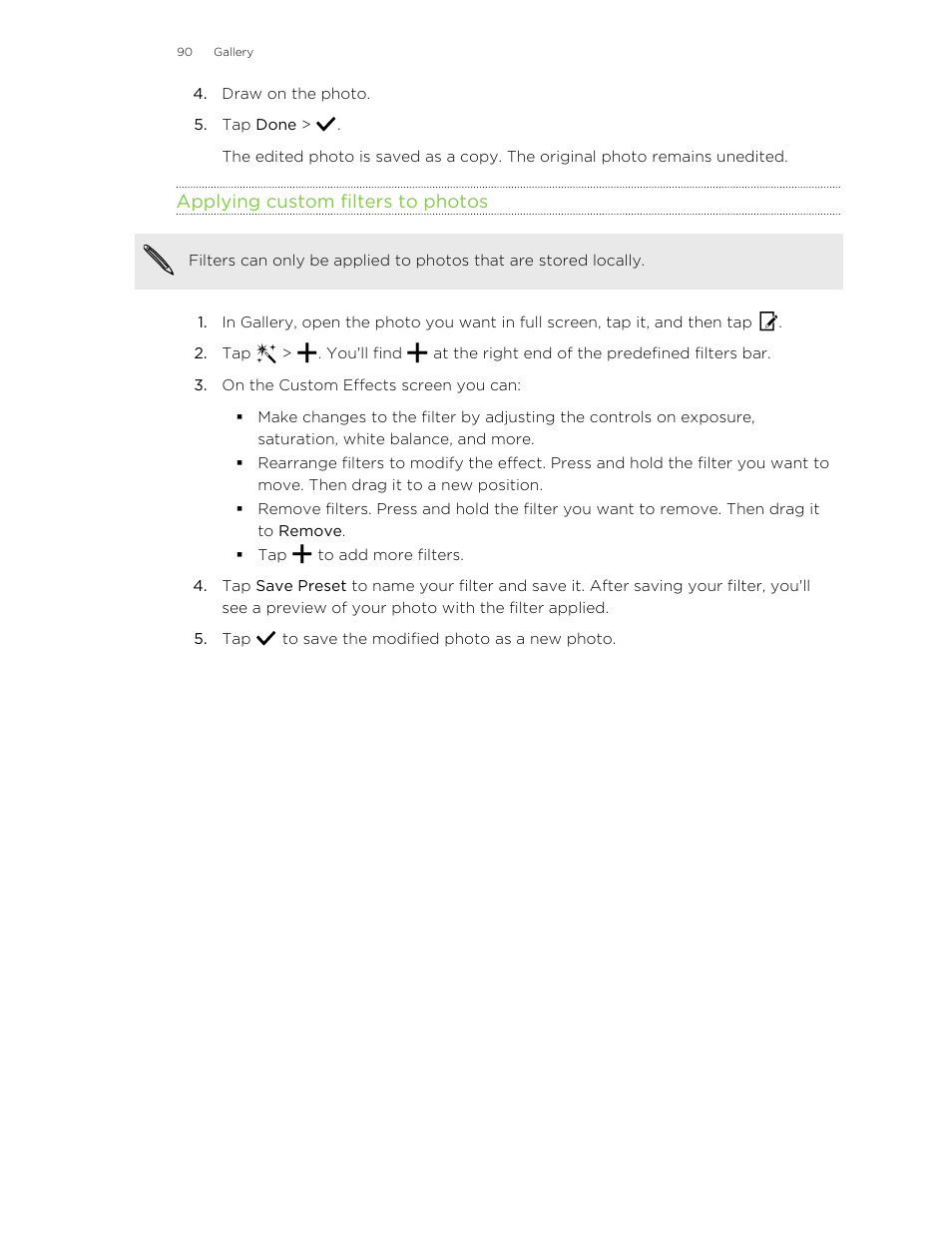 Applying custom filters to photos | HTC Butterfly 2 User Manual | Page 90 / 216