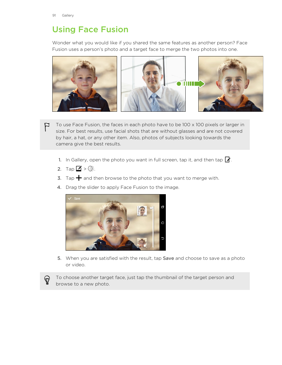 Using face fusion, To merge your looks together. see | HTC Butterfly 2 User Manual | Page 91 / 216