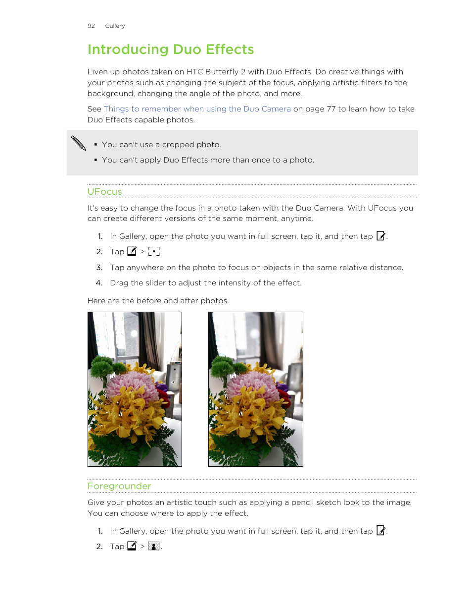 Introducing duo effects, Ufocus, Foregrounder | HTC Butterfly 2 User Manual | Page 92 / 216