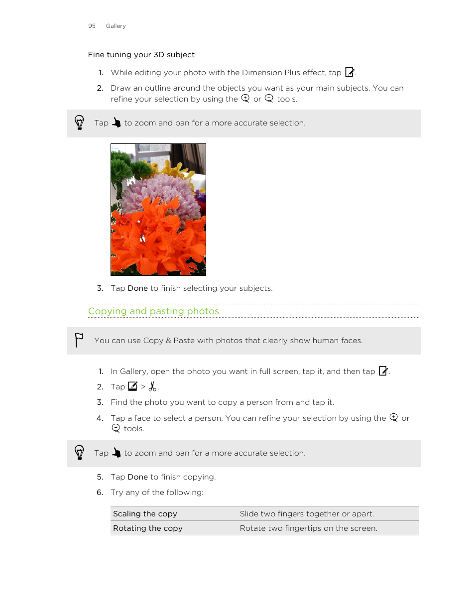 Fine tuning your 3d subject, Copying and pasting photos | HTC Butterfly 2 User Manual | Page 95 / 216