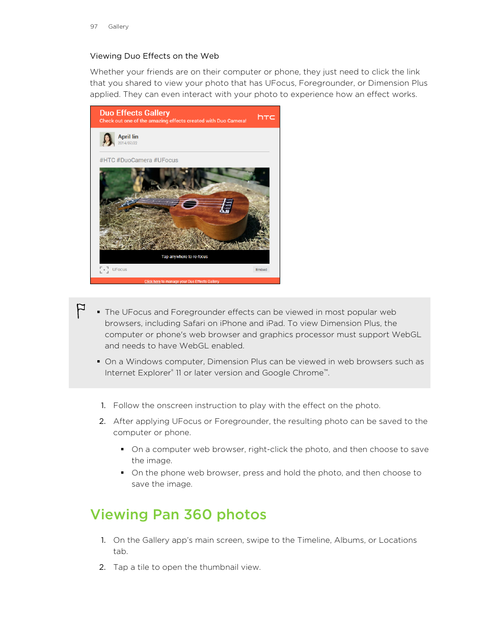 Viewing duo effects on the web, Viewing pan 360 photos | HTC Butterfly 2 User Manual | Page 97 / 216