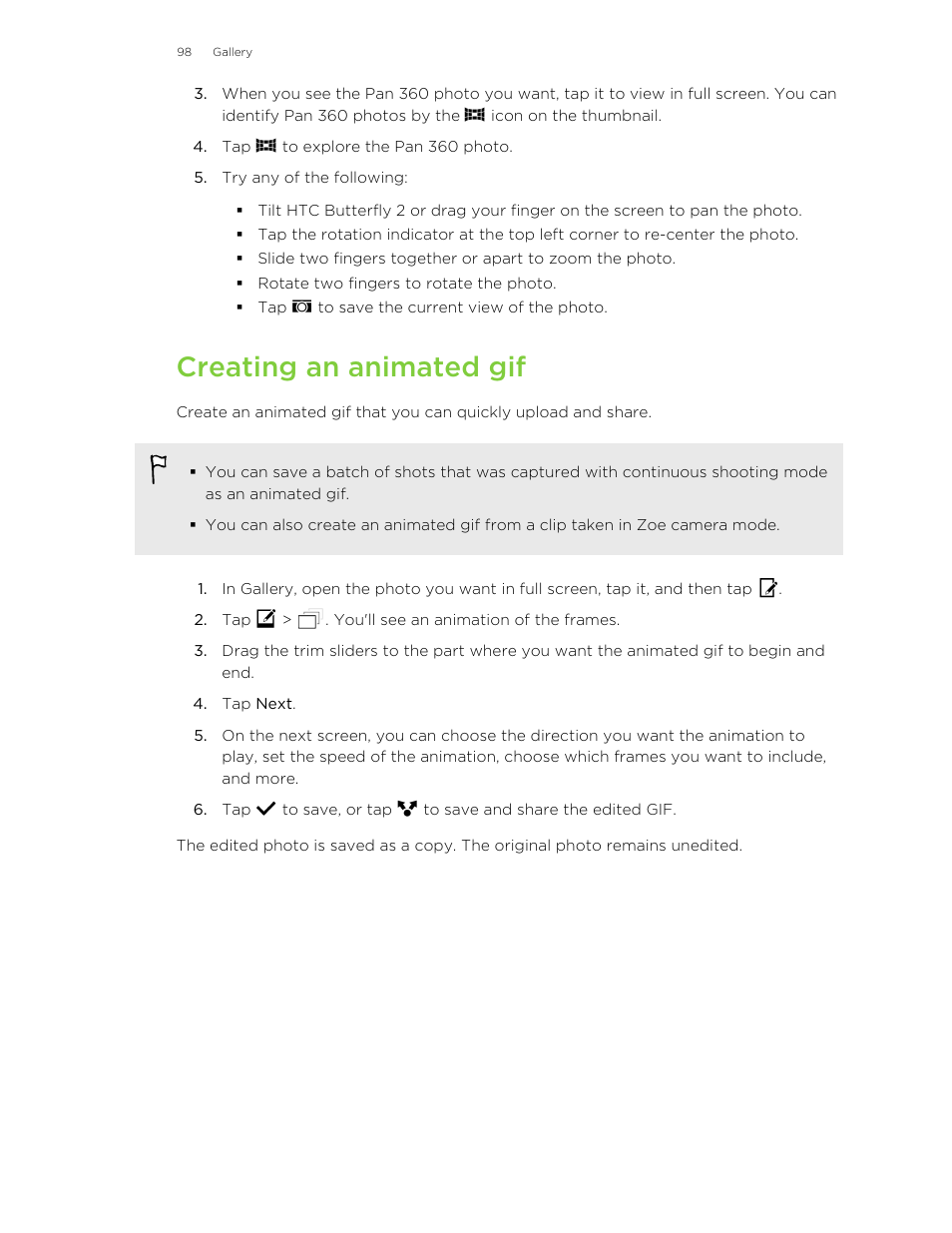 Creating an animated gif | HTC Butterfly 2 User Manual | Page 98 / 216