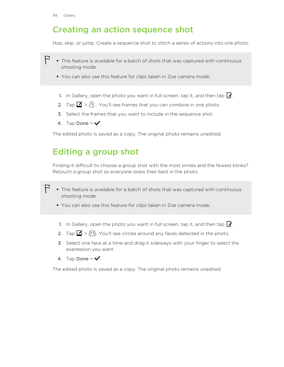 Creating an action sequence shot, Editing a group shot | HTC Butterfly 2 User Manual | Page 99 / 216