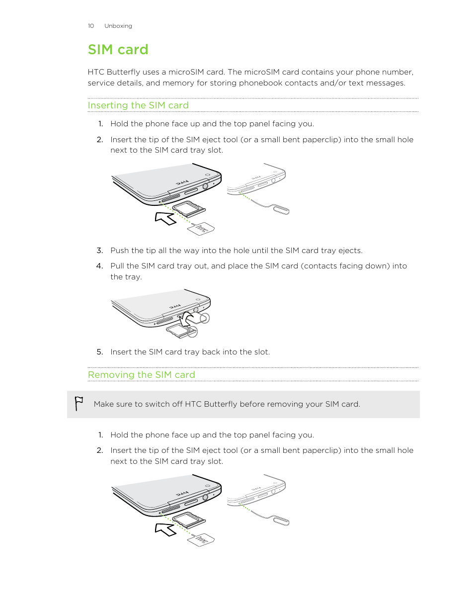 Sim card, Inserting the sim card, Removing the sim card | HTC Butterfly User Manual | Page 10 / 211