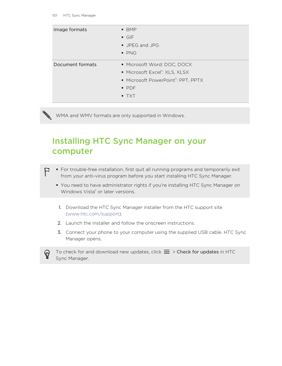 Installing htc sync manager on your computer | HTC Butterfly User Manual | Page 101 / 211