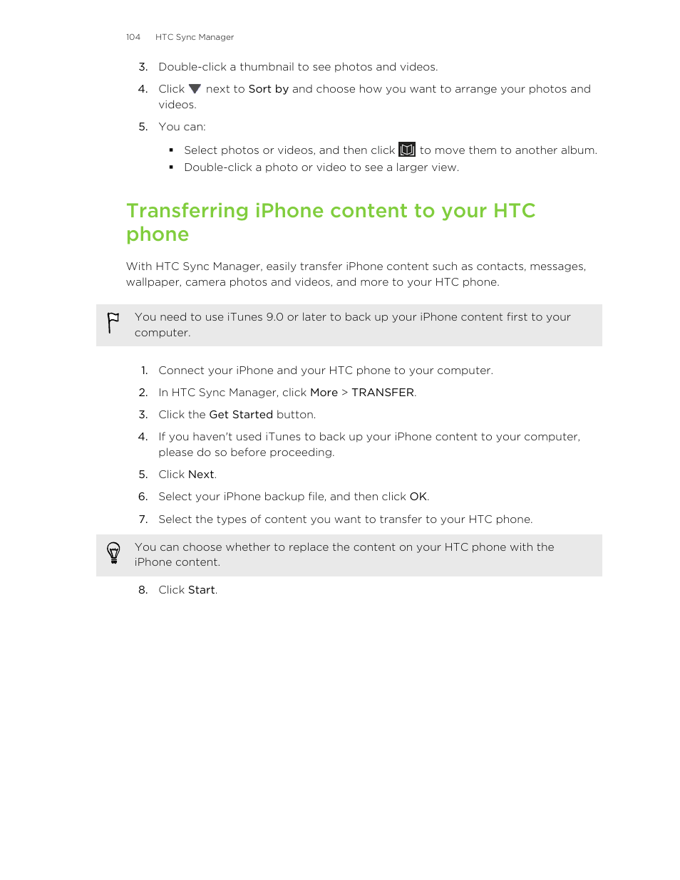 Transferring iphone content to your htc phone | HTC Butterfly User Manual | Page 104 / 211