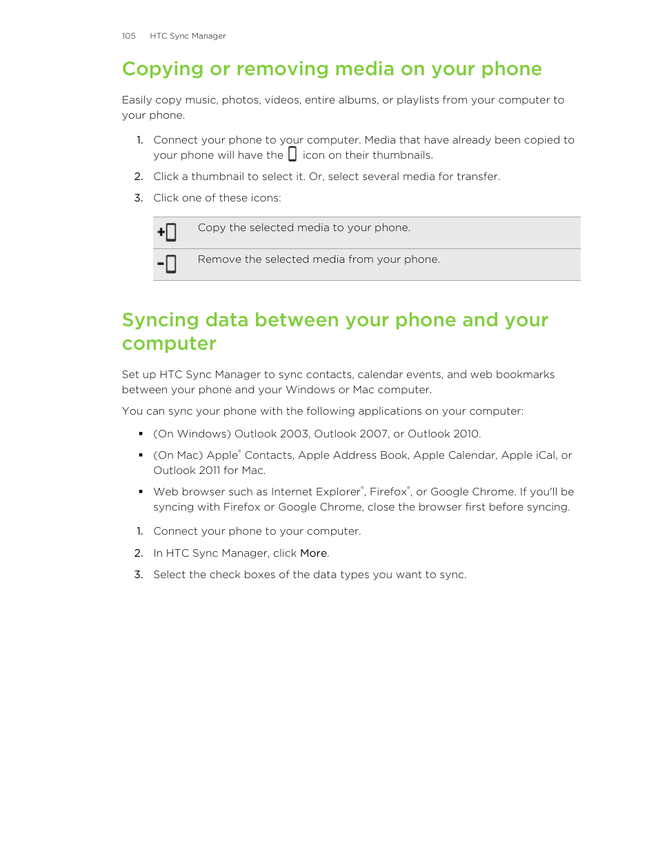 Copying or removing media on your phone, Syncing data between your phone and your computer | HTC Butterfly User Manual | Page 105 / 211