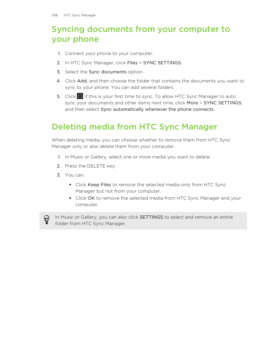 Syncing documents from your computer to your phone, Deleting media from htc sync manager | HTC Butterfly User Manual | Page 108 / 211