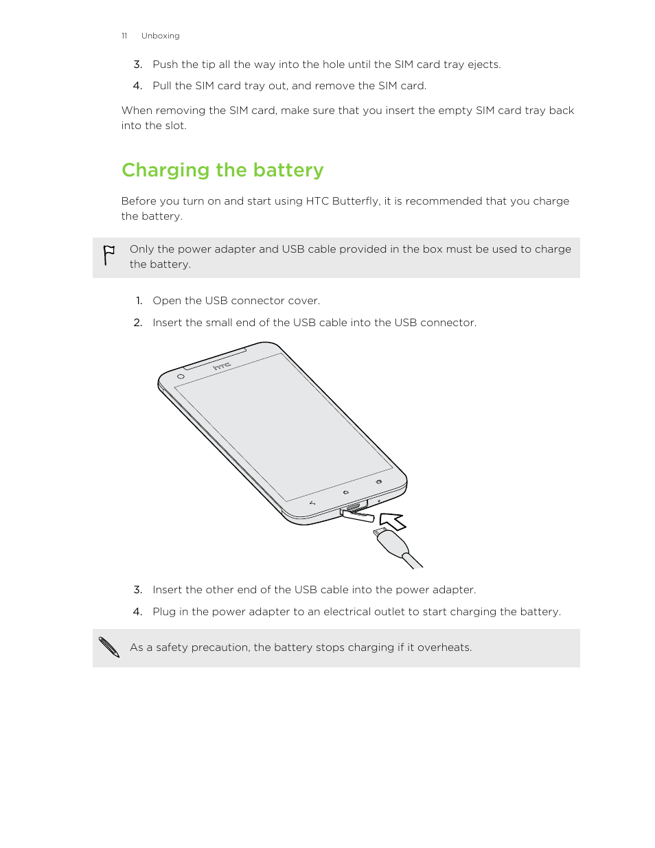 Charging the battery | HTC Butterfly User Manual | Page 11 / 211