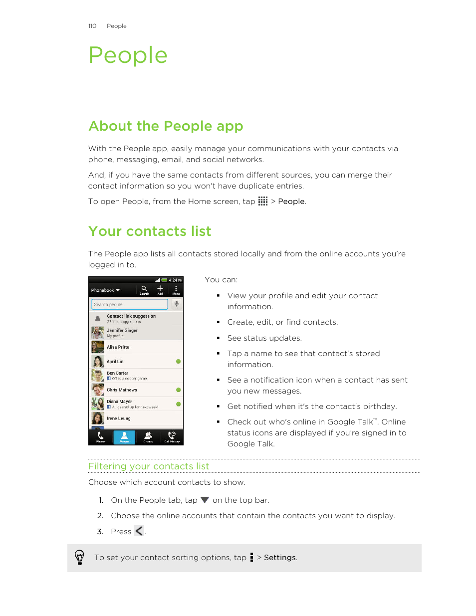 People, About the people app, Your contacts list | Filtering your contacts list | HTC Butterfly User Manual | Page 110 / 211