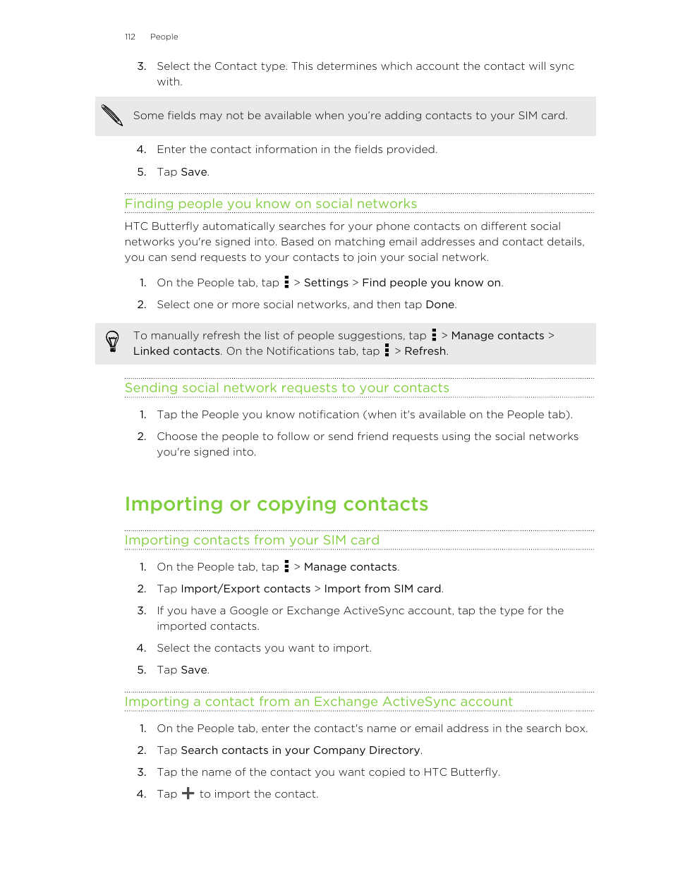 Finding people you know on social networks, Sending social network requests to your contacts, Importing or copying contacts | Importing contacts from your sim card | HTC Butterfly User Manual | Page 112 / 211