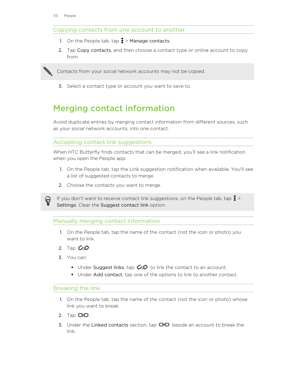 Copying contacts from one account to another, Merging contact information, Accepting contact link suggestions | Manually merging contact information, Breaking the link | HTC Butterfly User Manual | Page 113 / 211