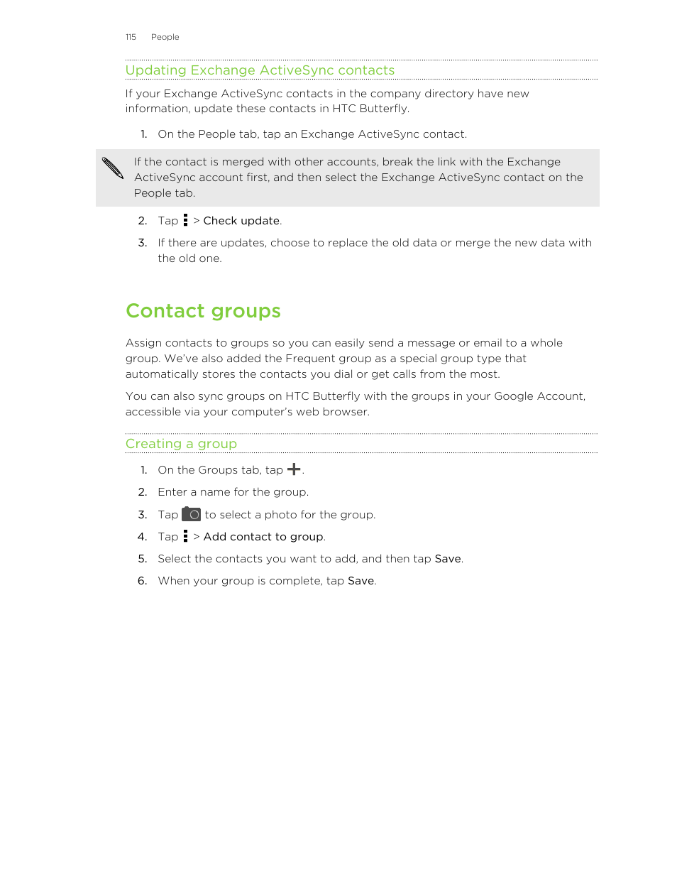 Updating exchange activesync contacts, Contact groups, Creating a group | HTC Butterfly User Manual | Page 115 / 211