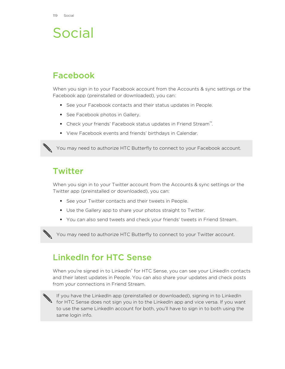 Social, Facebook, Twitter | Linkedin for htc sense | HTC Butterfly User Manual | Page 119 / 211