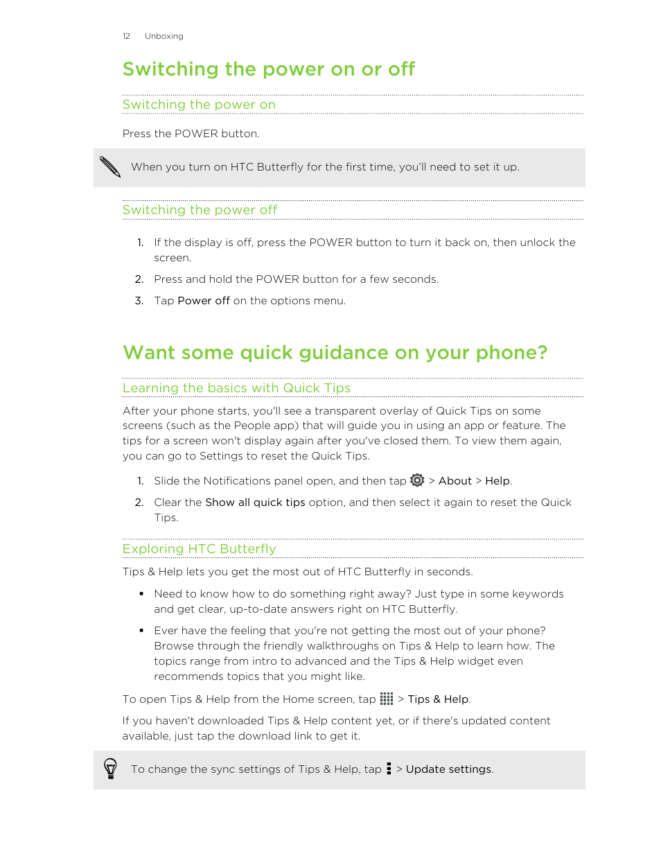 Switching the power on or off, Switching the power on, Switching the power off | Want some quick guidance on your phone, Learning the basics with quick tips, Exploring htc butterfly | HTC Butterfly User Manual | Page 12 / 211