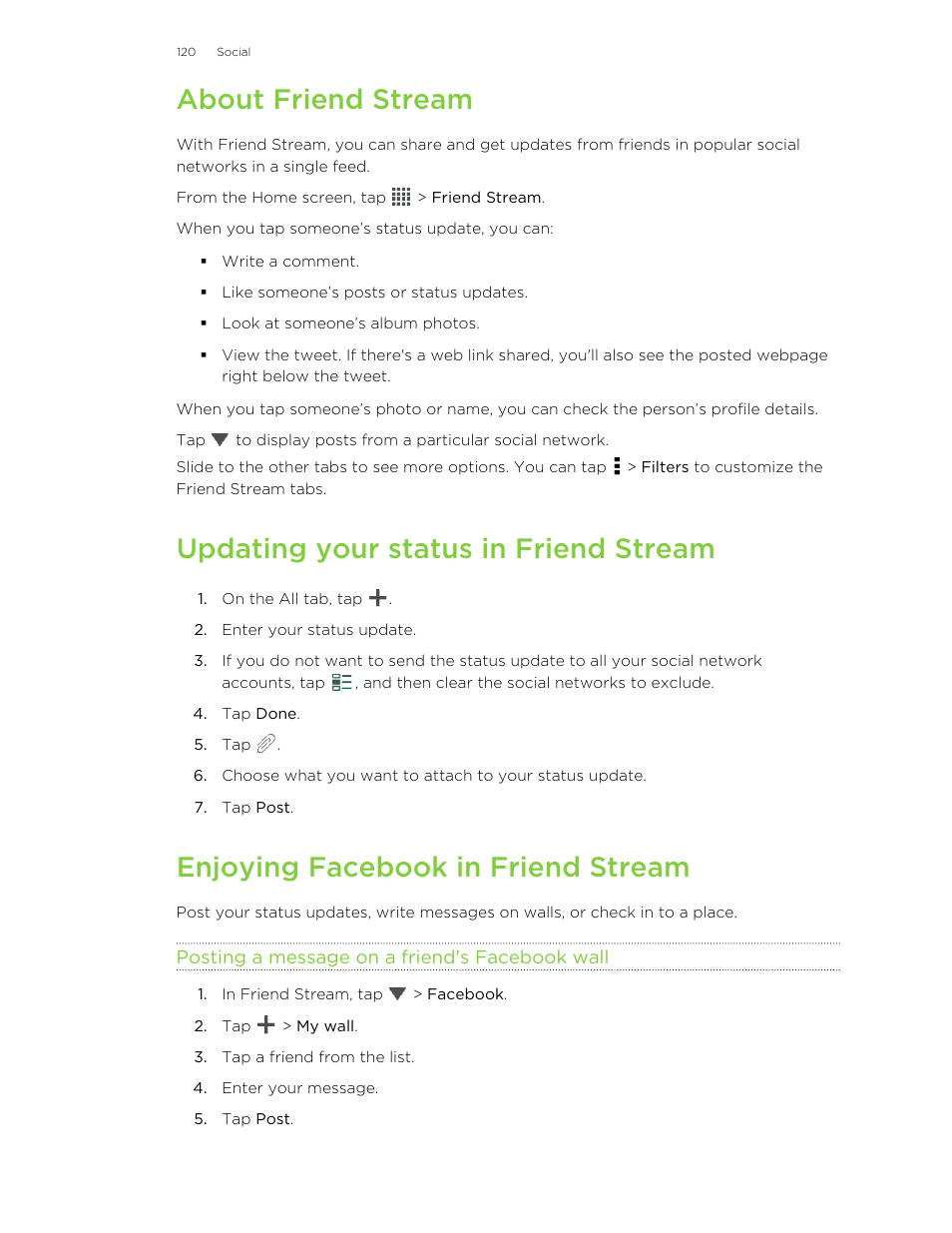 About friend stream, Updating your status in friend stream, Enjoying facebook in friend stream | Posting a message on a friend's facebook wall | HTC Butterfly User Manual | Page 120 / 211