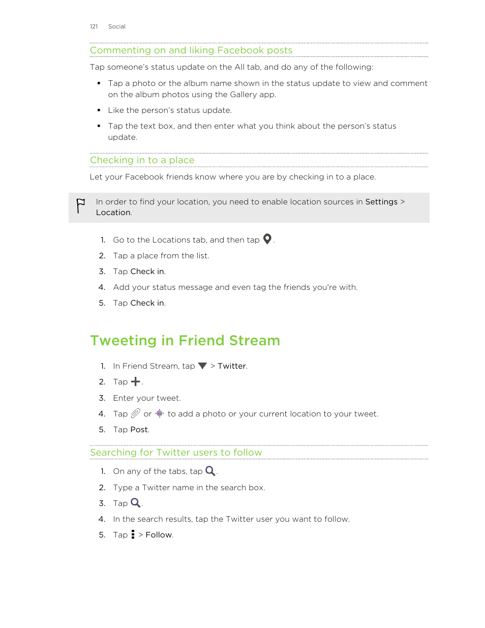 Commenting on and liking facebook posts, Checking in to a place, Tweeting in friend stream | Searching for twitter users to follow | HTC Butterfly User Manual | Page 121 / 211