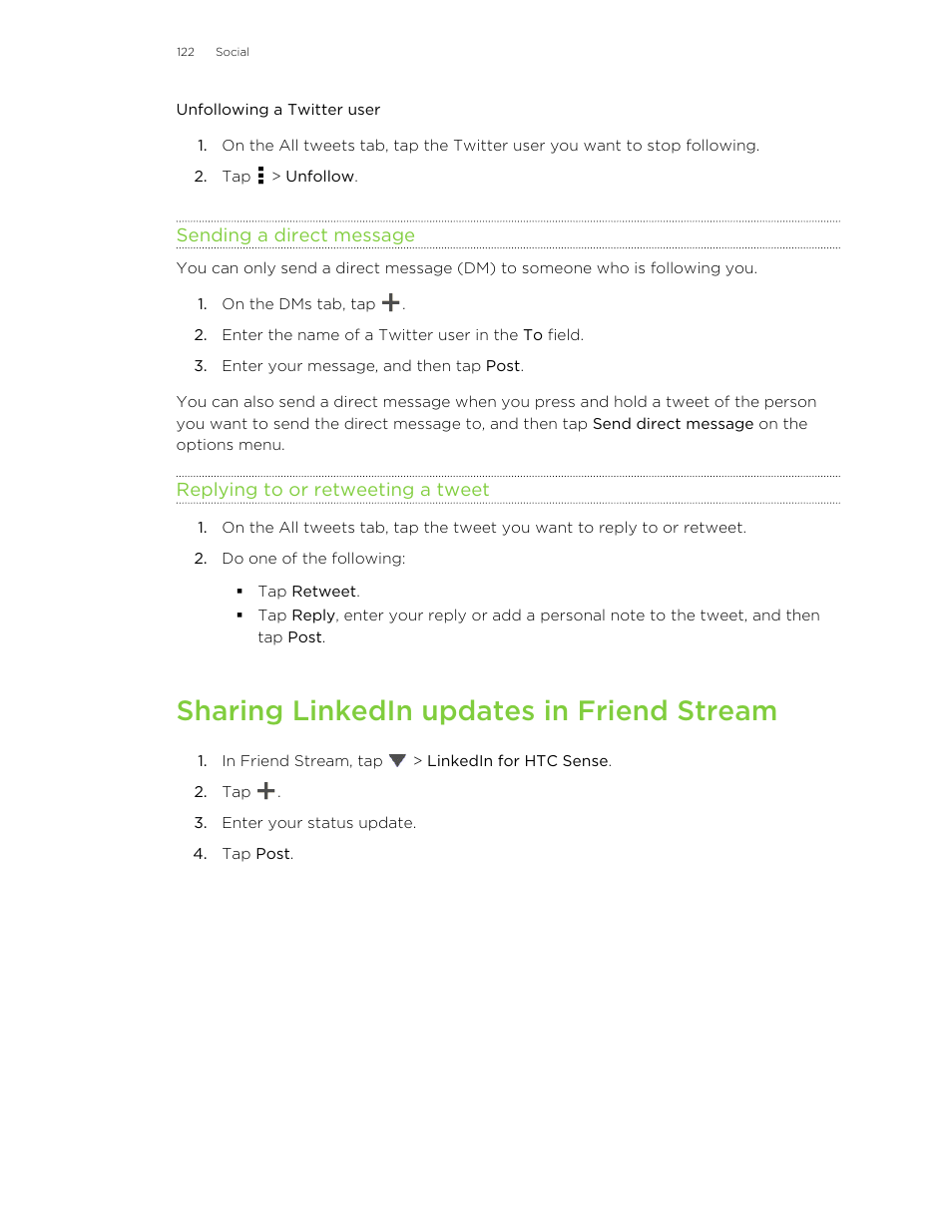 Unfollowing a twitter user, Sending a direct message, Replying to or retweeting a tweet | Sharing linkedin updates in friend stream | HTC Butterfly User Manual | Page 122 / 211