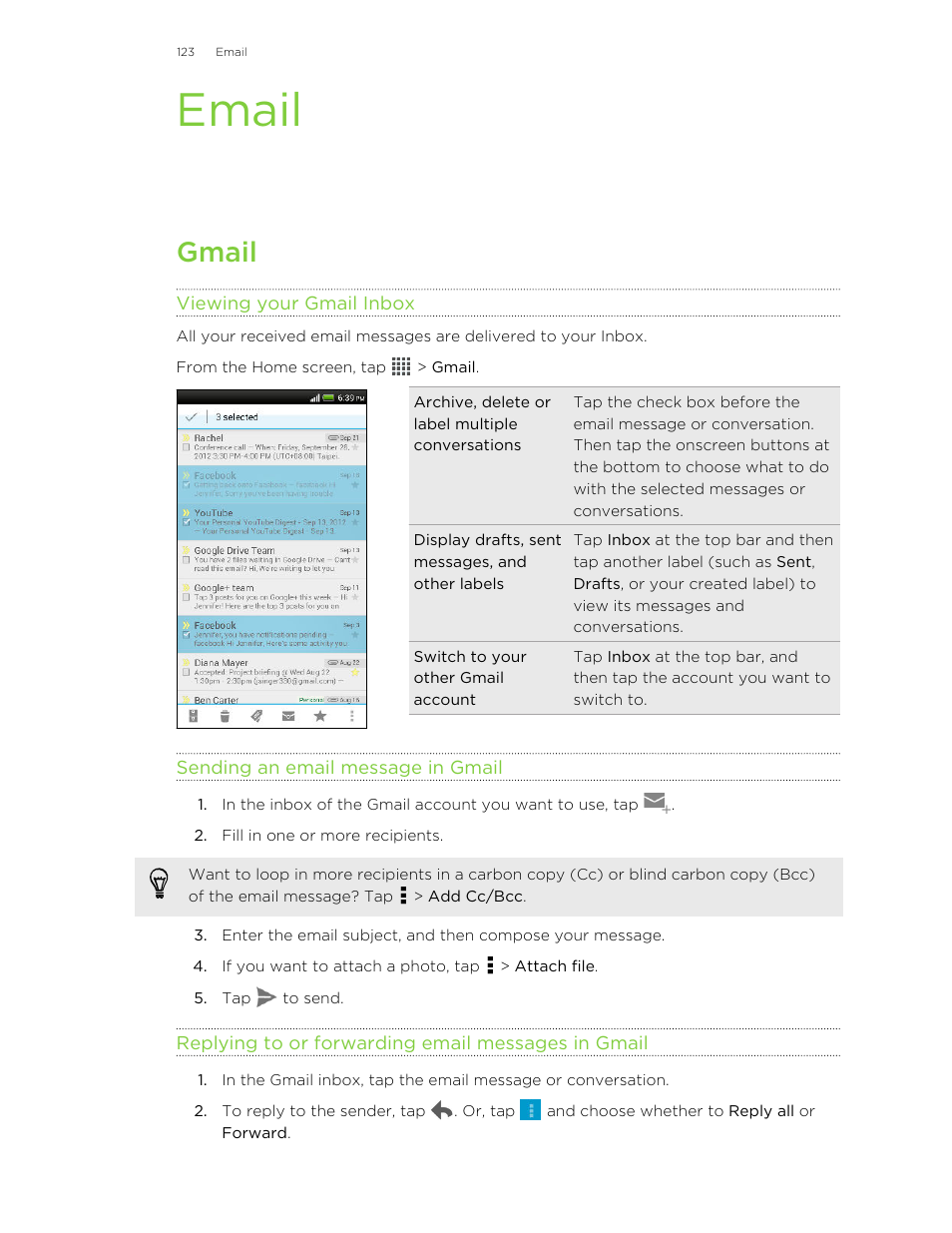 Email, Gmail, Viewing your gmail inbox | Sending an email message in gmail, Replying to or forwarding email messages in gmail | HTC Butterfly User Manual | Page 123 / 211