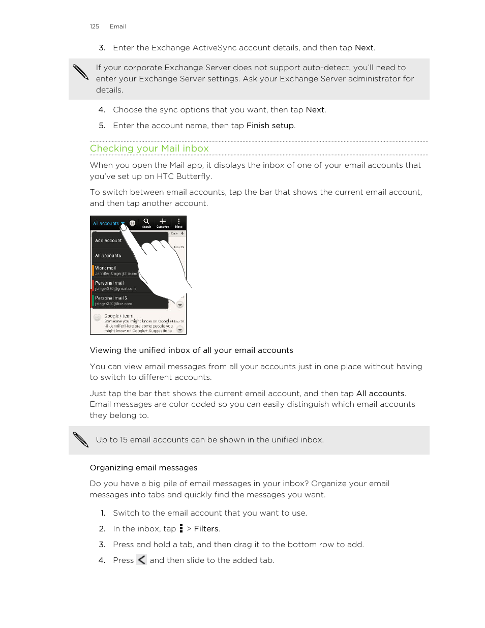 Checking your mail inbox, Organizing email messages | HTC Butterfly User Manual | Page 125 / 211
