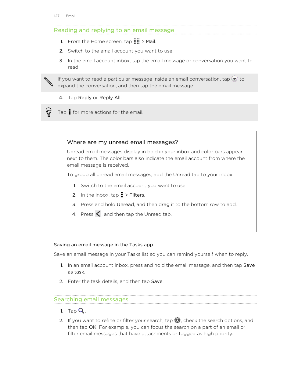 Reading and replying to an email message, Where are my unread email messages, Saving an email message in the tasks app | Searching email messages | HTC Butterfly User Manual | Page 127 / 211