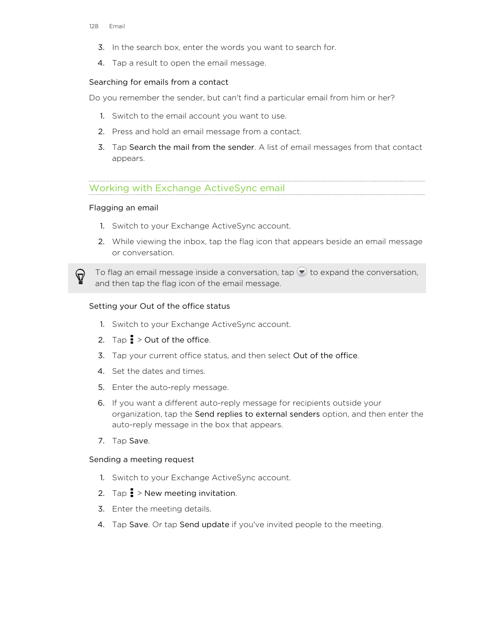 Searching for emails from a contact, Working with exchange activesync email, Flagging an email | Setting your out of the office status, Sending a meeting request | HTC Butterfly User Manual | Page 128 / 211