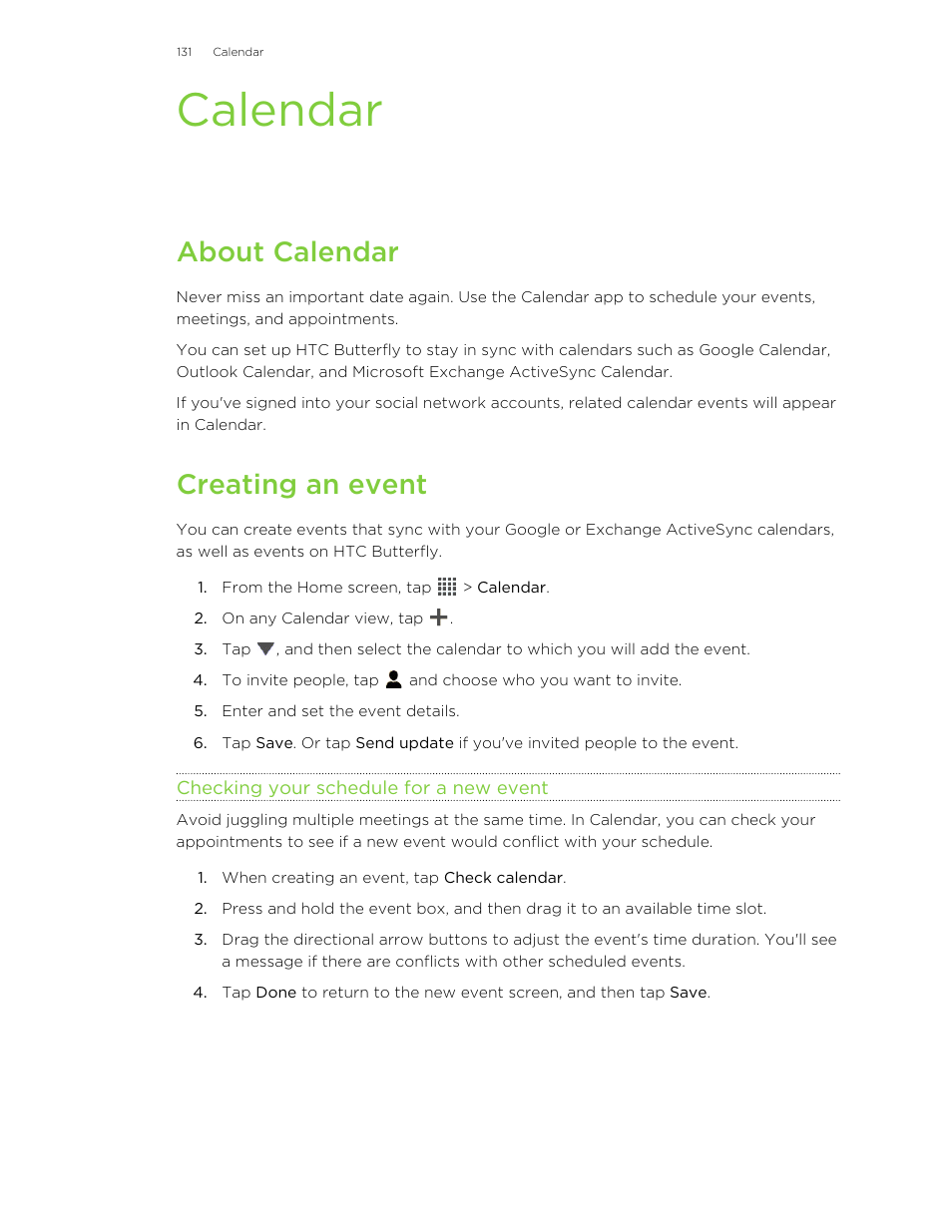 Calendar, About calendar, Creating an event | Checking your schedule for a new event | HTC Butterfly User Manual | Page 131 / 211