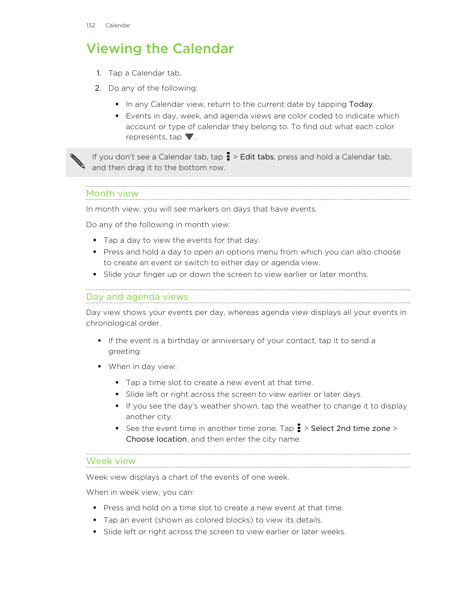 Viewing the calendar, Month view, Day and agenda views | Week view | HTC Butterfly User Manual | Page 132 / 211