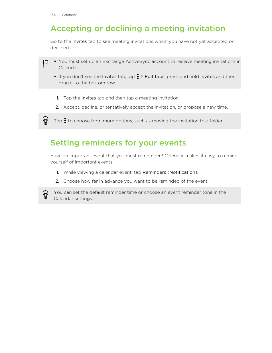 Accepting or declining a meeting invitation, Setting reminders for your events | HTC Butterfly User Manual | Page 134 / 211
