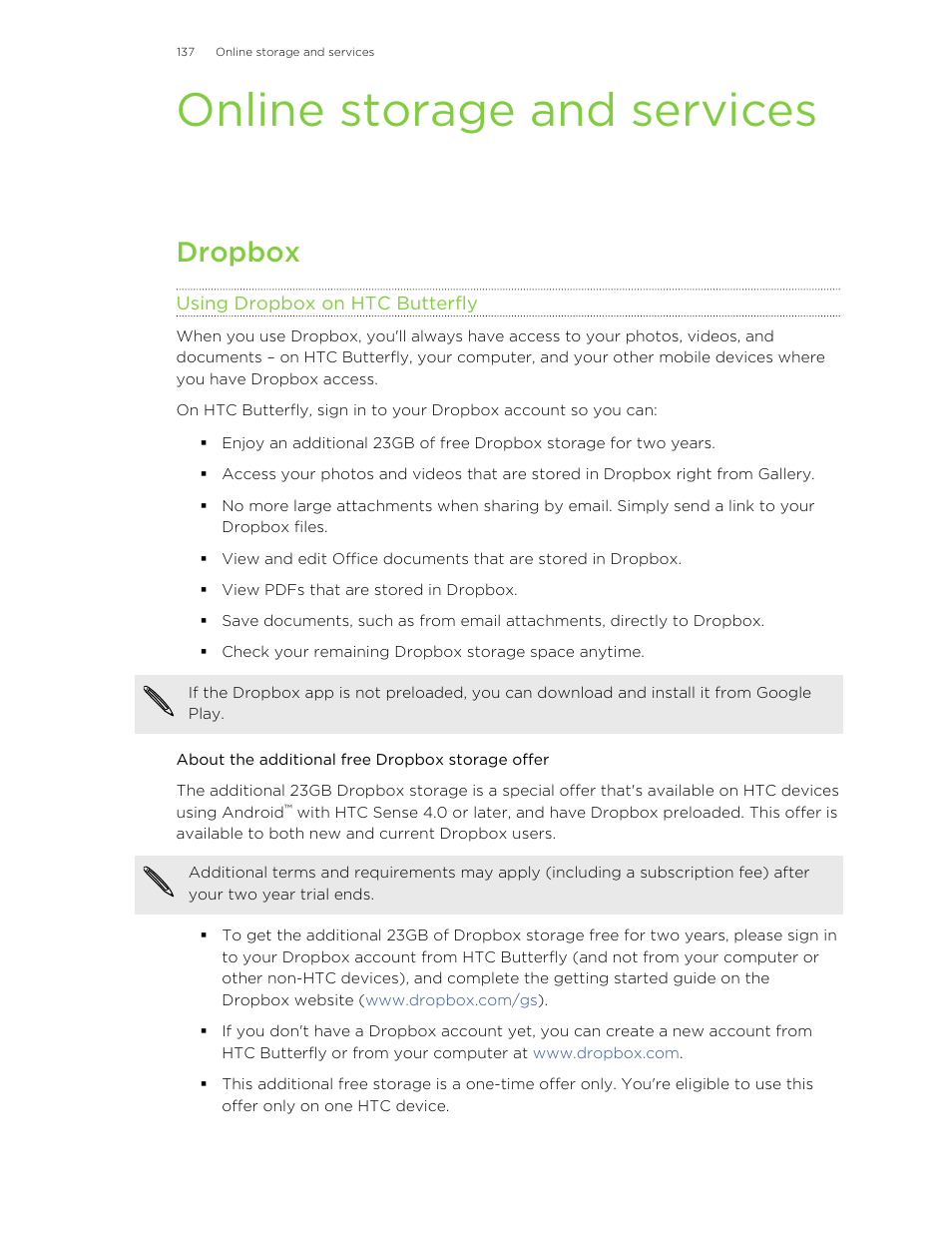 Online storage and services, Dropbox, Using dropbox on htc butterfly | About the additional free dropbox storage offer | HTC Butterfly User Manual | Page 137 / 211