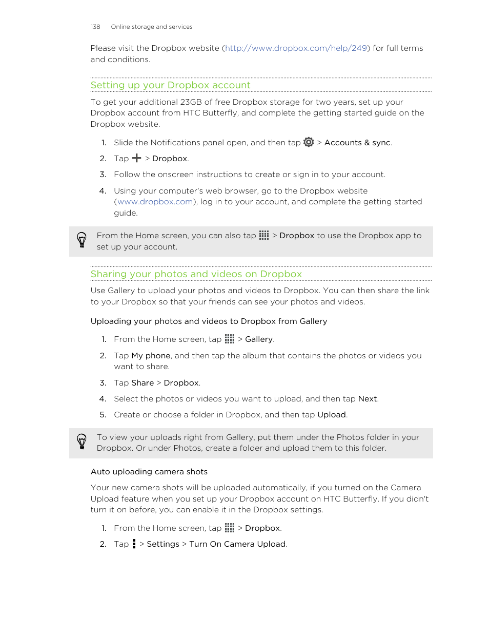 Setting up your dropbox account, Sharing your photos and videos on dropbox, Auto uploading camera shots | HTC Butterfly User Manual | Page 138 / 211