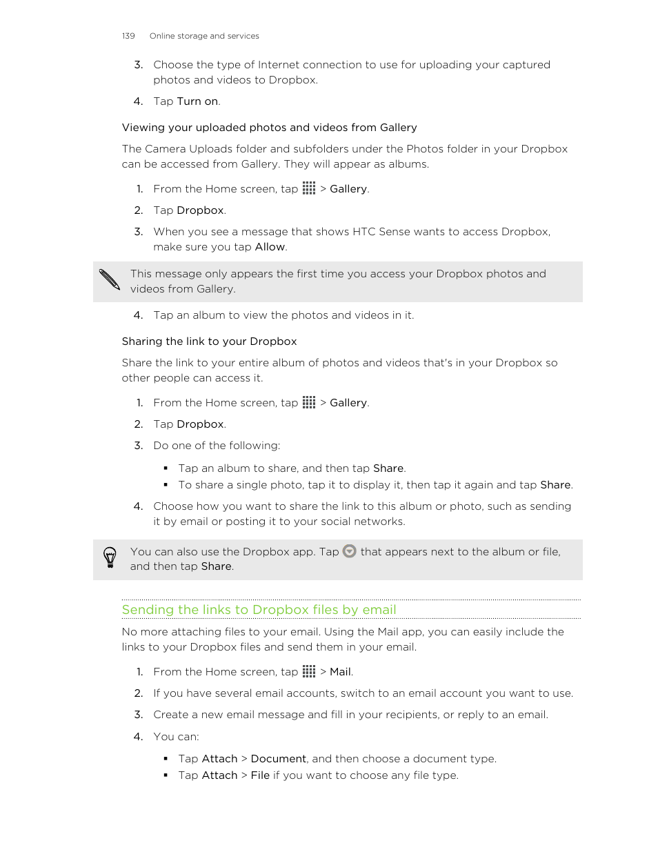 Sharing the link to your dropbox, Sending the links to dropbox files by email | HTC Butterfly User Manual | Page 139 / 211