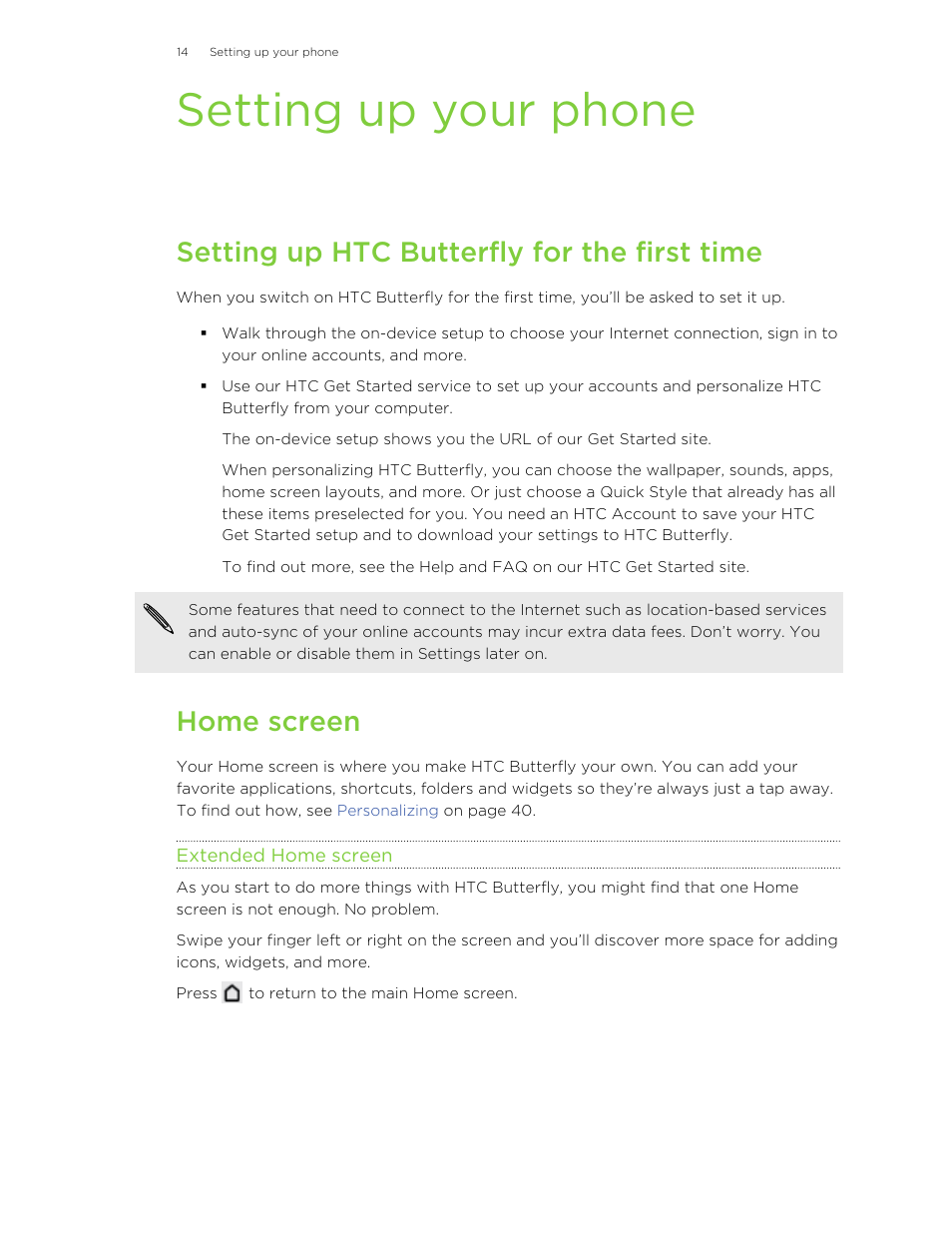 Setting up your phone, Setting up htc butterfly for the first time, Home screen | Extended home screen | HTC Butterfly User Manual | Page 14 / 211