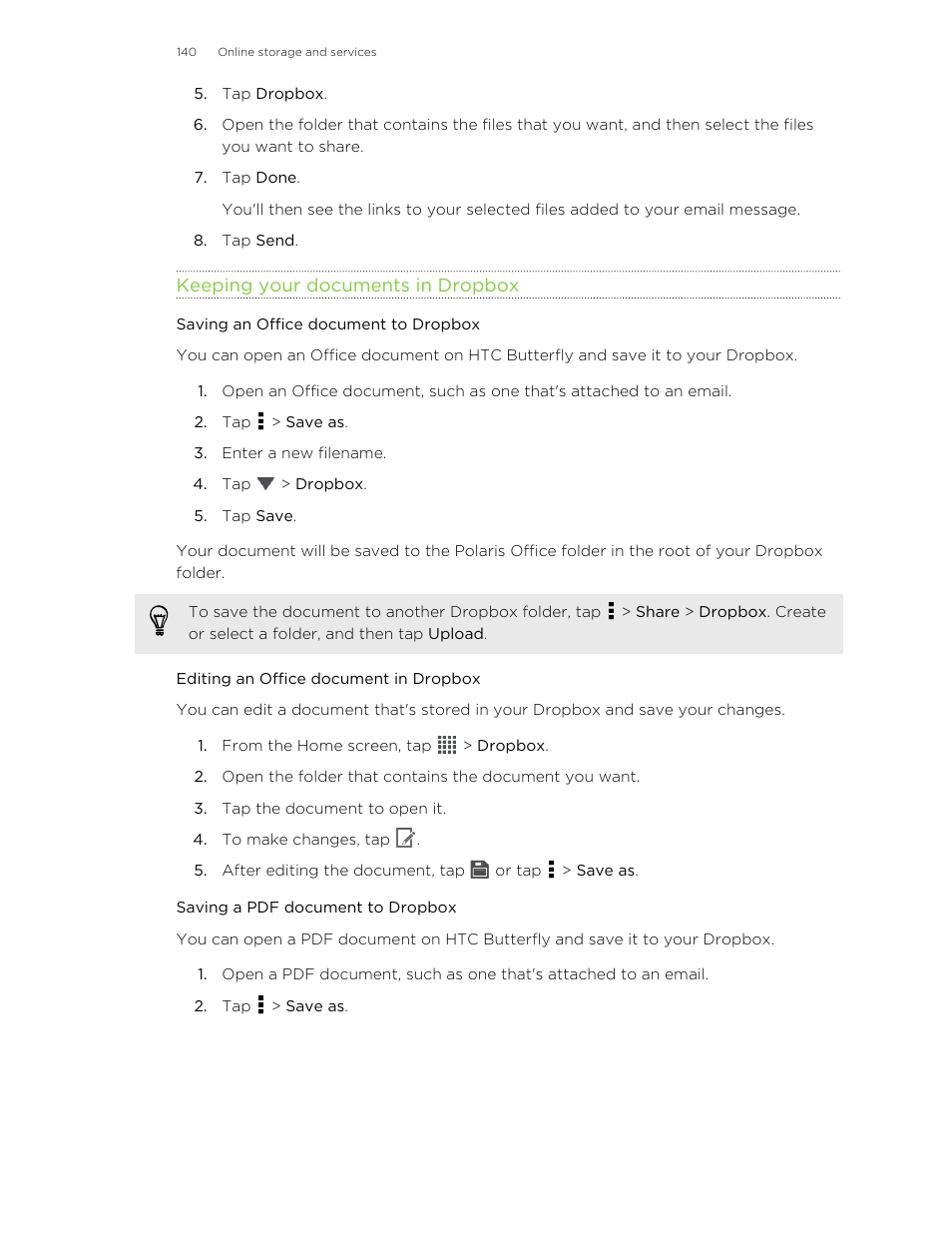 Keeping your documents in dropbox, Saving an office document to dropbox, Editing an office document in dropbox | Saving a pdf document to dropbox | HTC Butterfly User Manual | Page 140 / 211