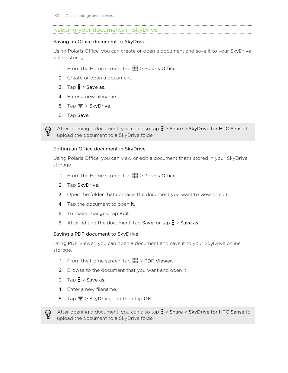 Keeping your documents in skydrive, Saving an office document to skydrive, Editing an office document in skydrive | Saving a pdf document to skydrive | HTC Butterfly User Manual | Page 143 / 211