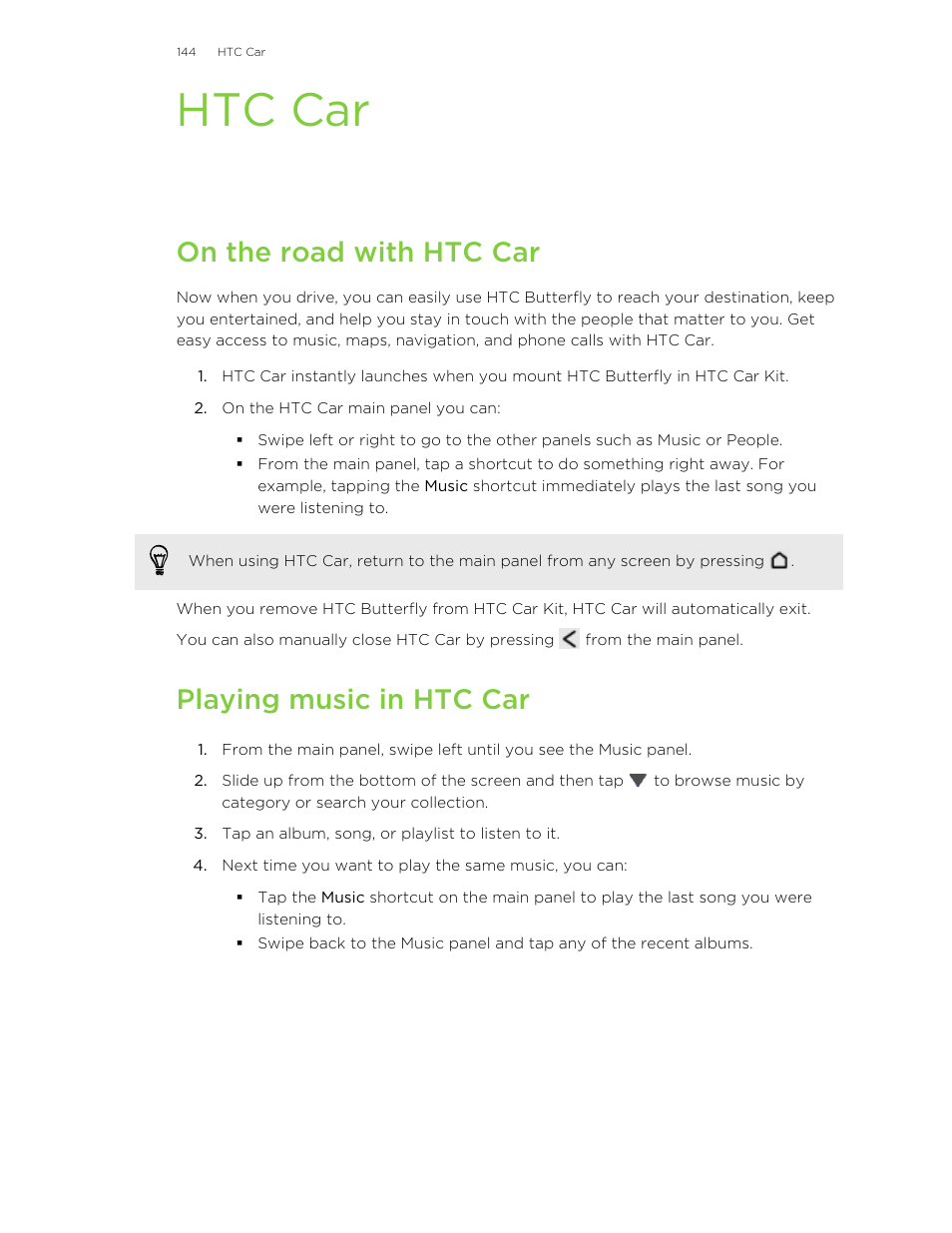 Htc car, On the road with htc car, Playing music in htc car | HTC Butterfly User Manual | Page 144 / 211