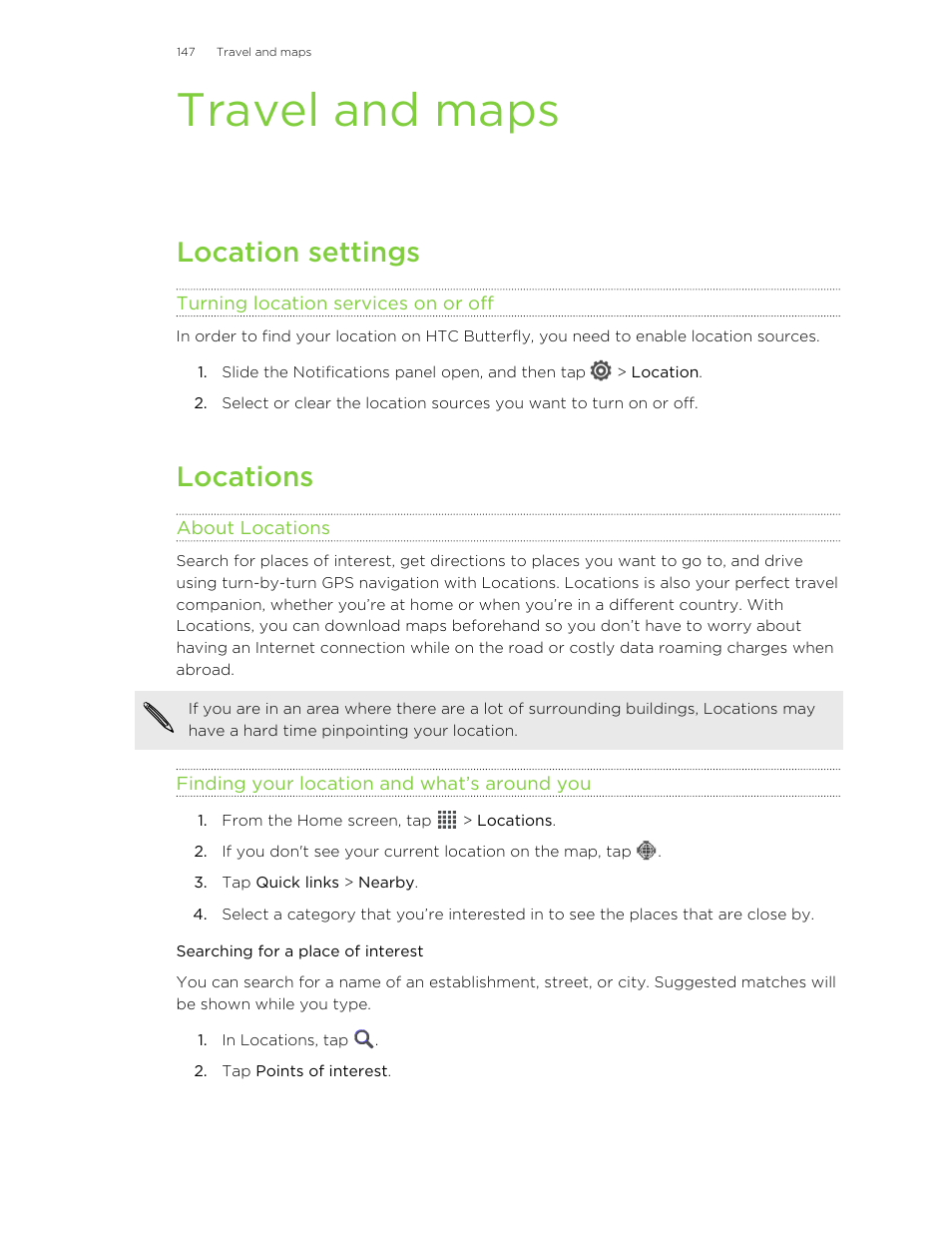 Travel and maps, Location settings, Turning location services on or off | Locations, About locations, Finding your location and what’s around you, Searching for a place of interest | HTC Butterfly User Manual | Page 147 / 211