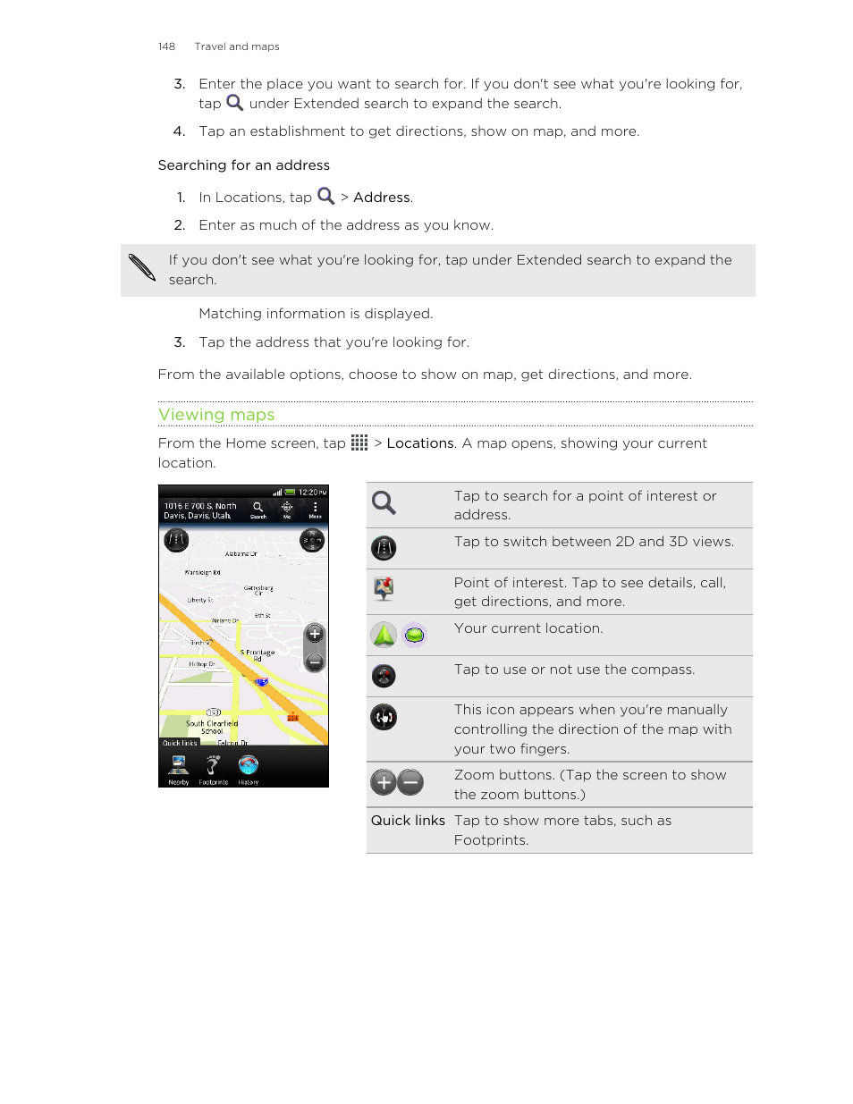 Searching for an address, Viewing maps | HTC Butterfly User Manual | Page 148 / 211