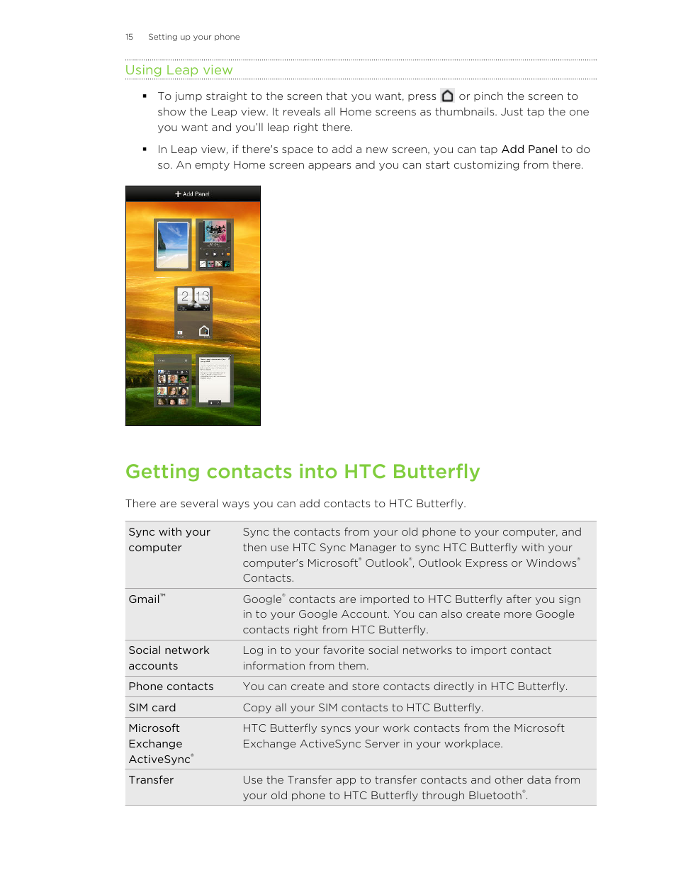 Using leap view, Getting contacts into htc butterfly | HTC Butterfly User Manual | Page 15 / 211