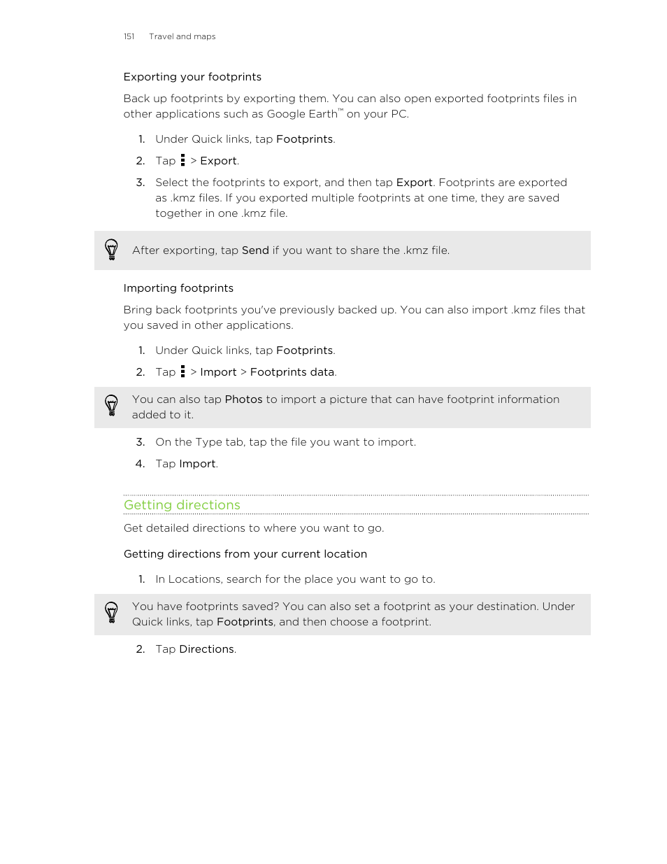 Exporting your footprints, Importing footprints, Getting directions | Getting directions from your current location | HTC Butterfly User Manual | Page 151 / 211